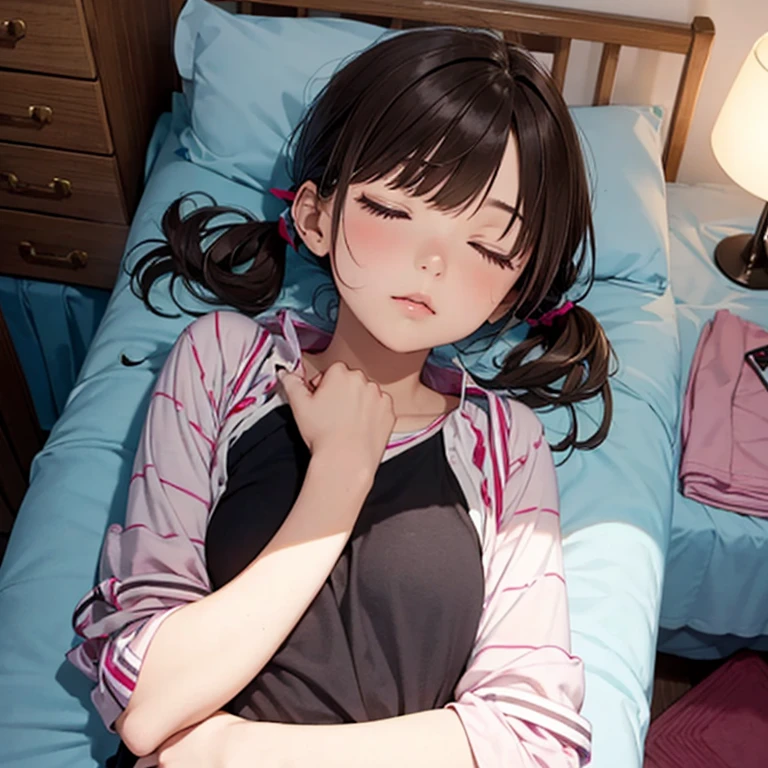 hyuuga hanabi, long hair tied low, hair band, hana, purple eyes, beautiful, beautiful woman, perfect body, perfect breasts, wearing a big pink t-shirt, red panties, in bed, bedroom, bed, sitting on the bed sleeping, looking at the viewer, slightly smiling, realism, masterpiece, textured skin, super detail, high detail, high quality, best quality, 1080p, 16k