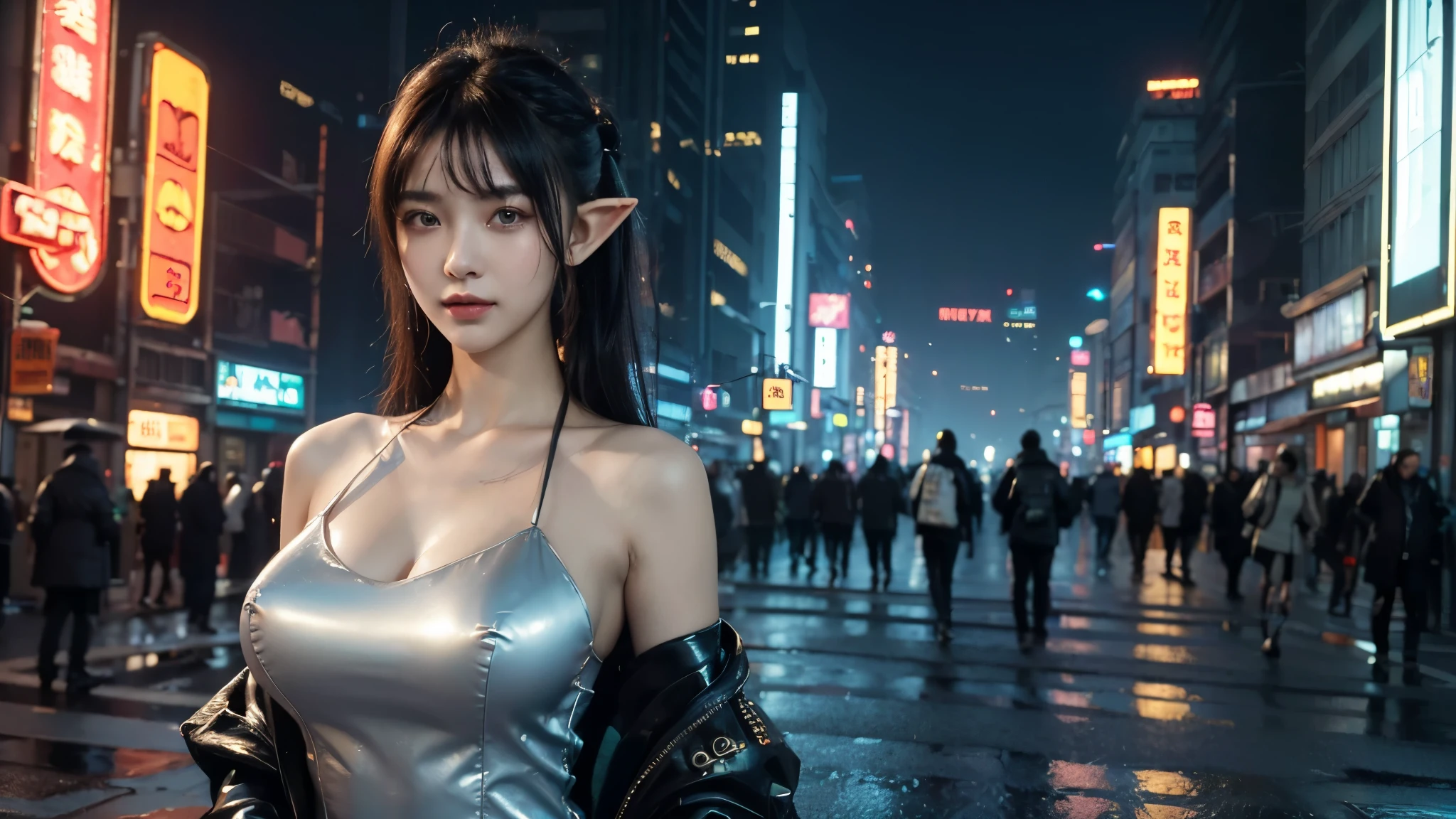 masterpiece,best quality,high resolution, 8,000,(Portrait Photos:1.5),(R Original photo),Real Photos,Digital photography,(Cyberpunk style city streets,Bustling city streets,Neon sign,After the Rain,Mist,steam),(Female elves), 20 year old girl, random hairstyle,Through Bangs,( big breasts,Keep your mouth shut,Keep silent,Elegant and charming ,Smile,(cyberpunk style dress,Photo poses, Realisticstyle, oc rendering reflective texture, Upper Body Lens ,looking into the camera