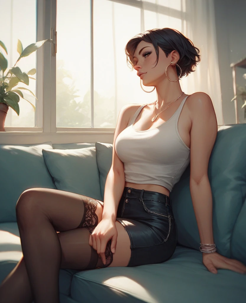 full shot body, wet shirt, open shirt, black hair, short hair, detailed blue eyes, eyeshadow, kneeling, woman, ((breast)), ((erect nipple)), smiling, red lips, nostalgia, (hand_on_hip:1.2), sexy, professional majestic oil painting by Ed Blinkey, Atey Ghailan, Studio Ghibli, by Jeremy Mann, Greg Manchess, Antonio Moro, trending on ArtStation, trending on CGSociety, Intricate, High Detail, Sharp focus, dramatic, photorealistic painting art by midjourney and greg rutkowski, fine details, illustration, (masterpiece, best quality, highres), naked pussy+++, showing naked pussy+++, cropped shirt, lift up loose miniskirt+++, bare pussy+++, wet pussy