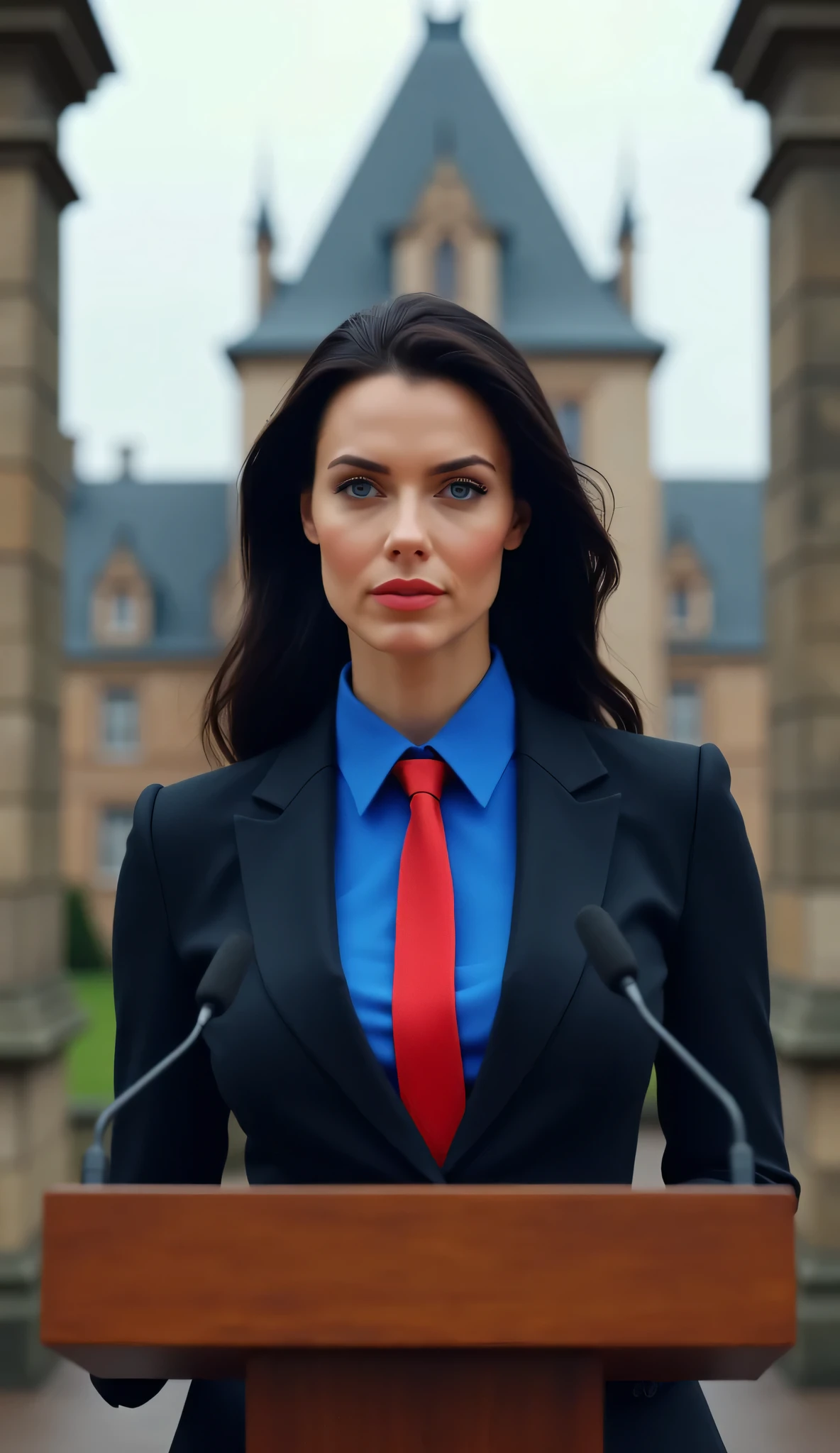 (Photorealism:1.2), Looks like a politician。beautiful dark-haired girl with Scandinavian features, beautiful face above the castle gate, pretty, blue eyes, plump lips, chest, uses a blue blouse , 120DDサイズのchest, slender body, beauty, facial details , charming, red tie and black suit。stands on the conference podium。