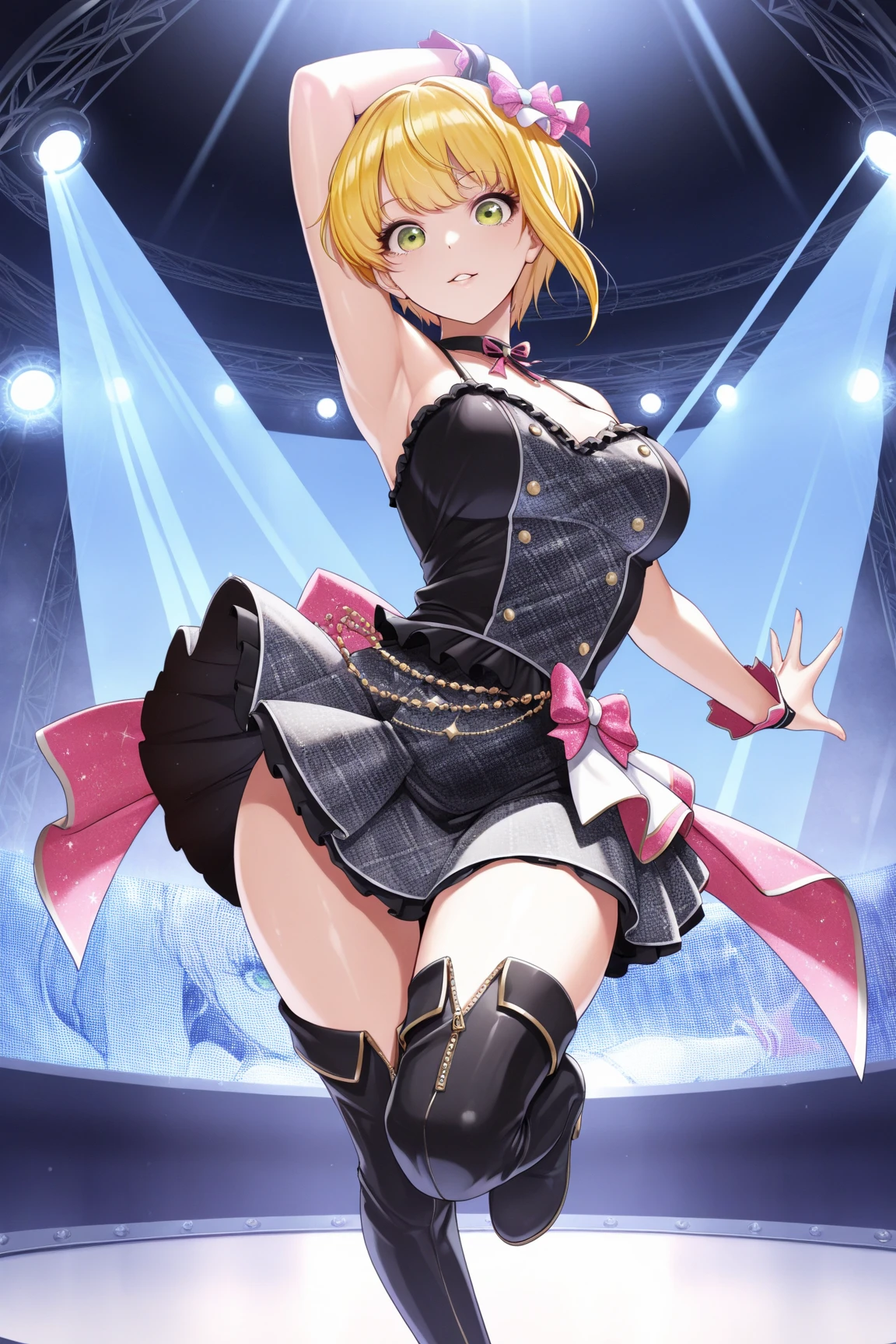 (Masterpiece、Highest quality、Very detailed、4K)、One Woman、Super short skirt、Big Breasts、No panties、Idol、Sweaty