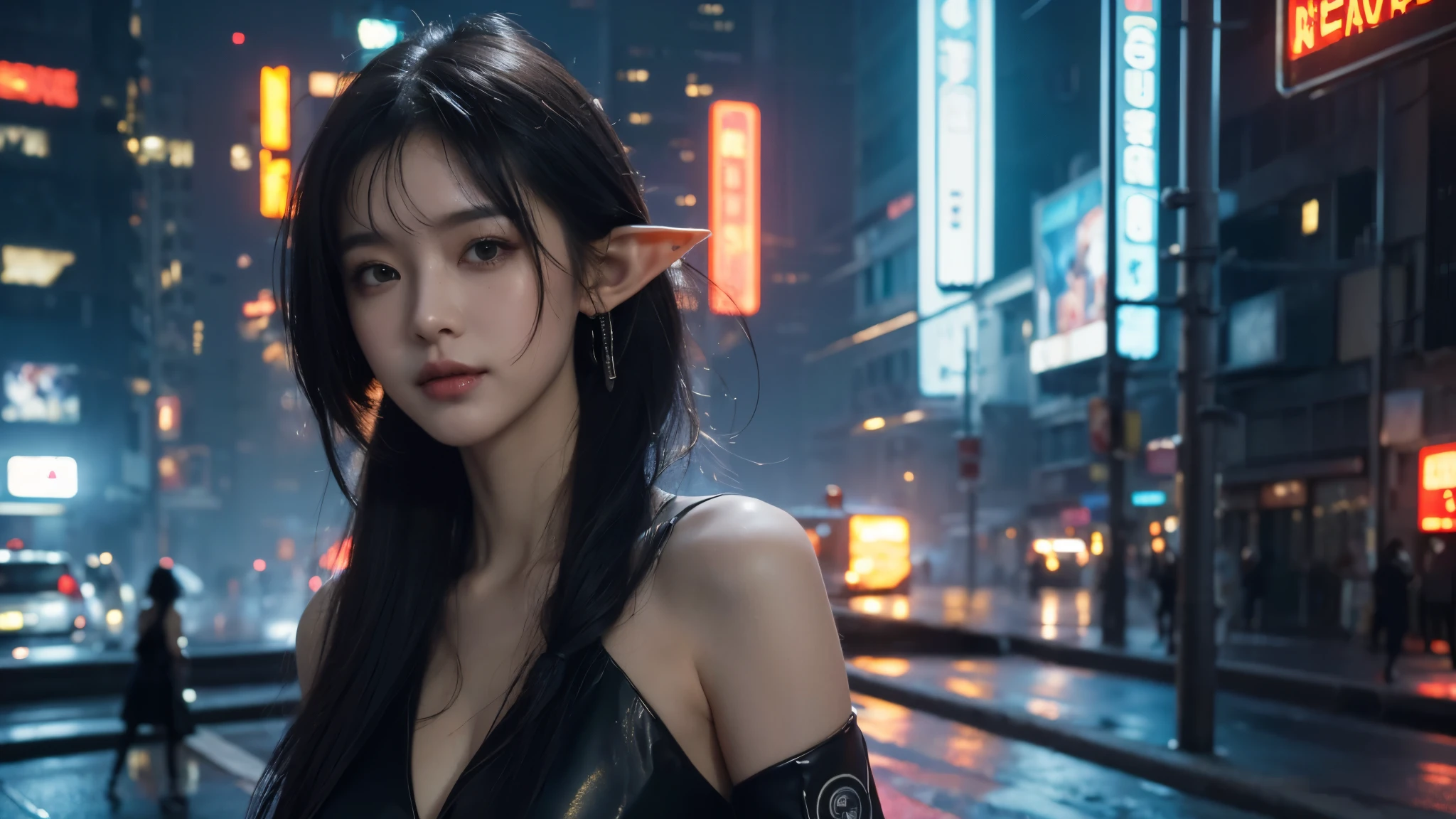 masterpiece,best quality,high resolution, 8,000,(Portrait Photos:1.5),(R Original photo),Real Photos,Digital photography,(Cyberpunk style city streets,Bustling city streets,Neon sign,After the Rain,Mist,steam),(Female elves), 20 year old girl, random hairstyle,Through Bangs,( big breasts,Keep your mouth shut,Keep silent,Elegant and charming ,Smile,(cyberpunk style dress,Photo poses, Realisticstyle, oc rendering reflective texture, Upper Body Lens ,looking into the camera