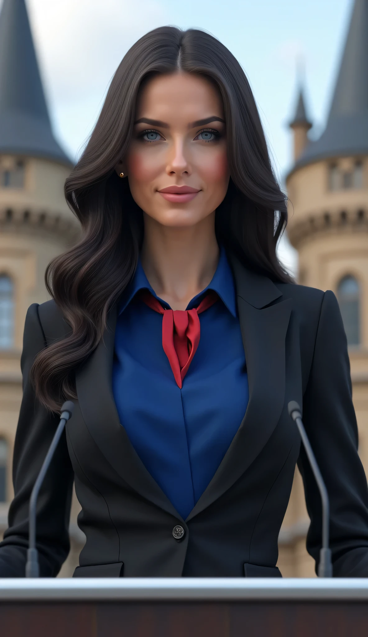 (Photorealism:1.2), Looks like a politician。beautiful dark-haired girl with Scandinavian features, beautiful face above the castle gate, pretty, blue eyes, plump lips, chest, uses a blue blouse , 120DDサイズのchest, slender body, beauty, facial details , charming, red tie and black suit。stands on the conference podium。