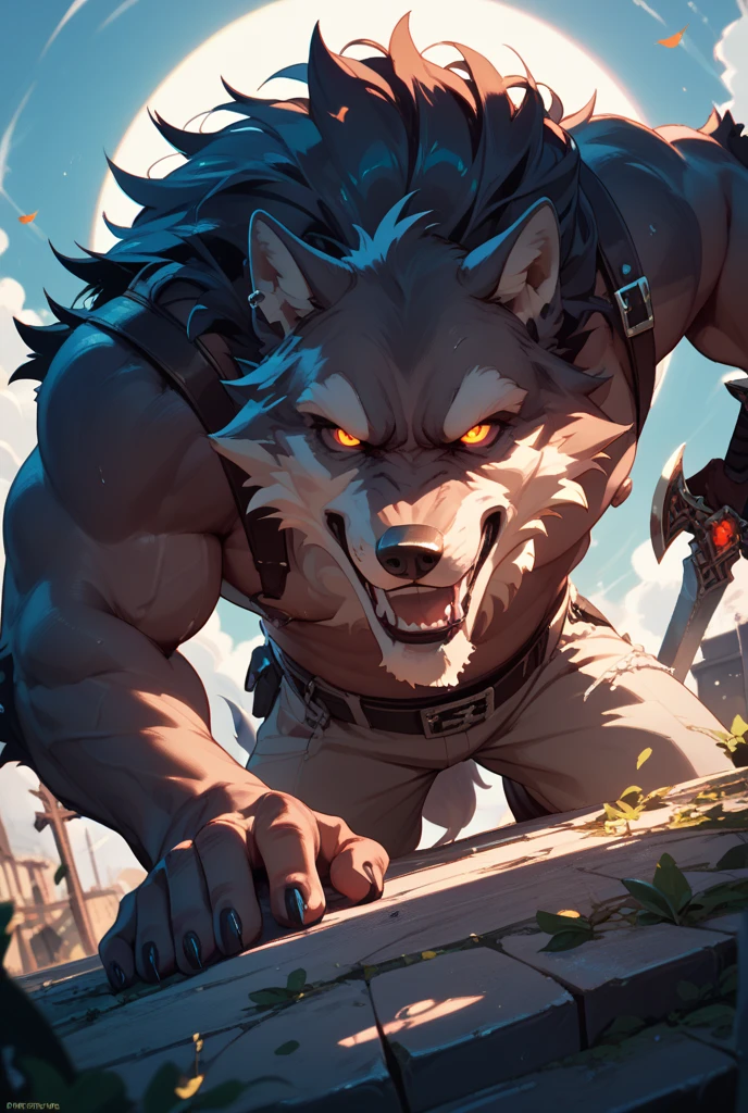 (wolf furry), anthro, male, (white body), fur, tail, muscles, muscular male, muscular anthro, handsome, growling, rough look, aged up, middle age, depth of field, perfect lighting, bright lighting, (light particle),(masterpiece),(extremely detailed),sharp focus. by lindong, by null-ghost, (bara), (furry), hi res, 8k HD, sharp photography, (detailed background), wallpaper, (cinematic), sweat, (metal plant worker), (working on machine tool), full body, dynamic, motion, energetic