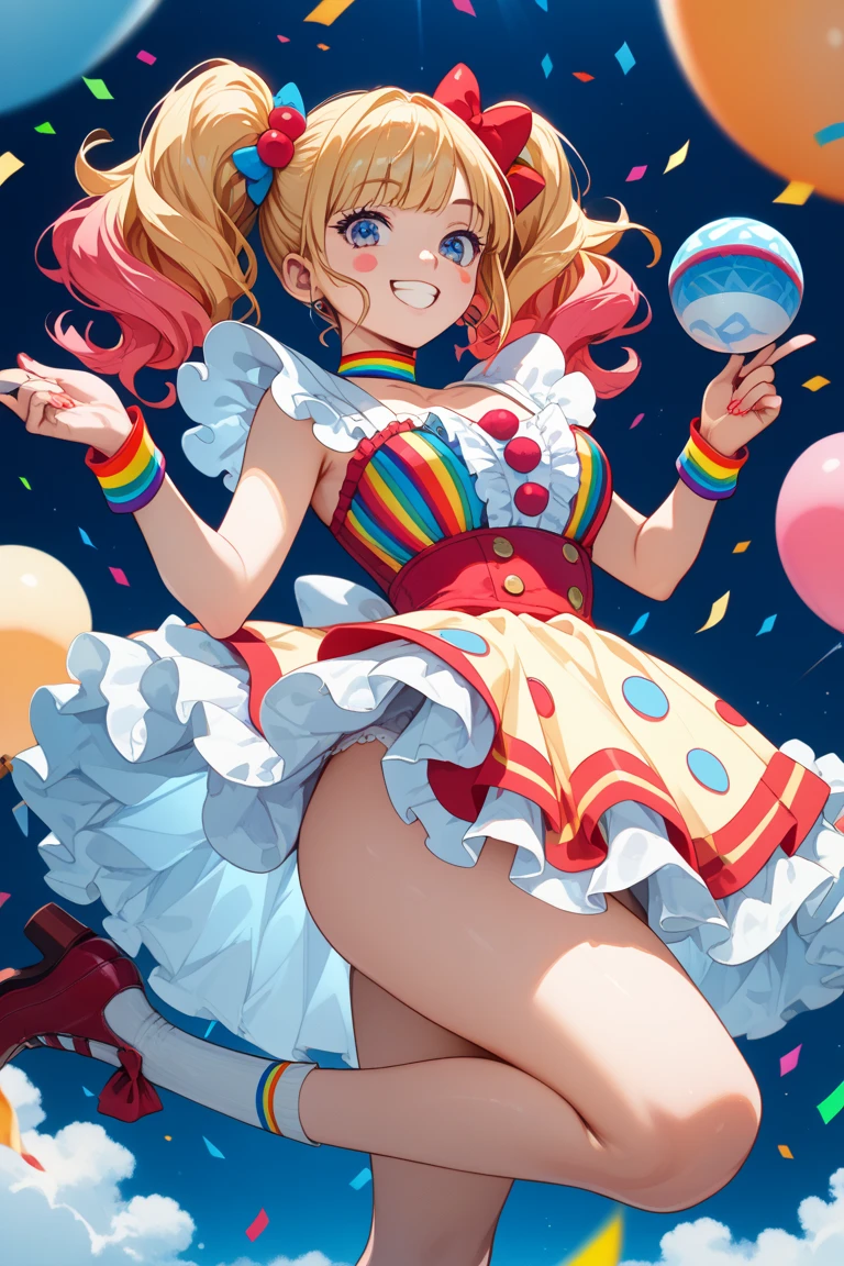 Model : LastpieceCoreXL
design art, cinematic lighting, artistic picture,Ueno Park, 1 girl, full body, smiling beautiful girl holding 100 balloons, (blond hair, twin tails) (huge breasts: 1.3, cleavage), cut abs, exposed, colorful Clown outfit, super detailed face, detailed eyes, double eyelids, eye catch, long eyelashes, front angle, fill light is reflected light from reflex plate, 85 mm, background blur.