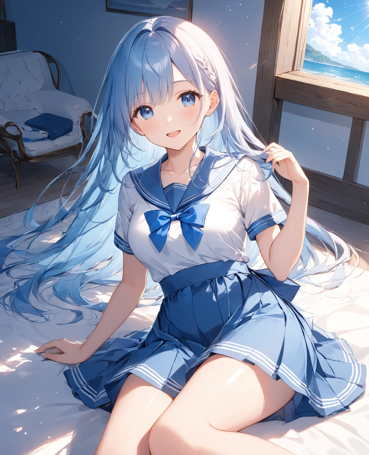 Best Quality,High resolution,8k,(plain white background, no patterns, no textures, just a plain white background:1.3),Masterpiece:1.2),beautiful girl,(focus face),Shiny light blue hair,messy hair,Beautiful light blue eyes,A cute and stylish futuristic high school girl wearing a modern take on the classic sailor uniform. The outfit includes a sleek, form-fitting sailor top with a metallic-finish collar and glowing LED stripes along the edges. The sailor bow is holographic, changing colors subtly with movement. Her pleated skirt is made of a high-tech fabric that softly shimmers with a futuristic sheen, giving it a modern twist. She wears knee-high socks with neon accents and futuristic, lightweight shoes with transparent soles. The outfit is complemented by a small, tech-infused sailor hat with digital displays, and a wristband showing animated icons. Her hairstyle is trendy, enhancing the fusion of traditional and futuristic elements. The background is pure white, emphasizing her stylish and futuristic sailor-inspired uniform,Gentle look,A refreshing look,smile,Best quality,Best Quality,Aesthetic and aesthetic:1.2,Best details((Super detailed))(High-definition CG illustrations),Slender body,smile,blush,cute,Scrounge,Looking up,Being spoiled,super model