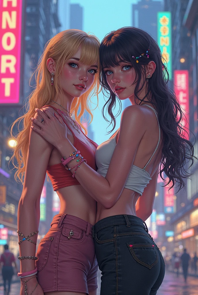 (2 young girls: 1.2), cheerful face, original pink long hair, long eyelashes, beautiful eyes with brightness, surrealism, stereogram, (photorealistic, realistic: 1.2), atmospheric perspective, cinematic lighting, ray tracing, 8k, super detail, best quality, masterpiece, well detailed, (Canan EOS R6, 135mm, 1/1250s, f/2.8, ISO 400:0.9), cyberpunk room, interior night, cleavage, string, tank top white, bubble butt, round small ass, bend over, dynamic pose, dynamic lighting, white tank top, raining, wet skin, panties