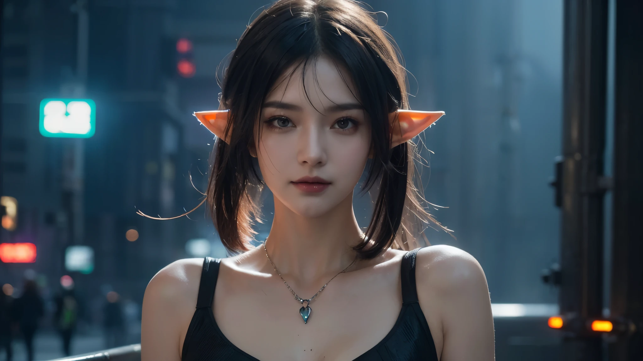  masterpiece,best quality,high resolution, 8,000,(Portrait Photos:1.5),(R Original photo),Real Photos,Digital photography,(Cyberpunk style city streets，Bustling city streets，Neon sign，After the Rain，Mist，steam),(Female elves), 20 year old girl, random hairstyle,Through Bangs,( big breasts，Keep your mouth shut，Keep silent,Elegant and charming ,Smile，(cyberpunk style dress,Photo poses, Realisticstyle, oc rendering reflective texture， Upper Body Lens ，looking into the camera