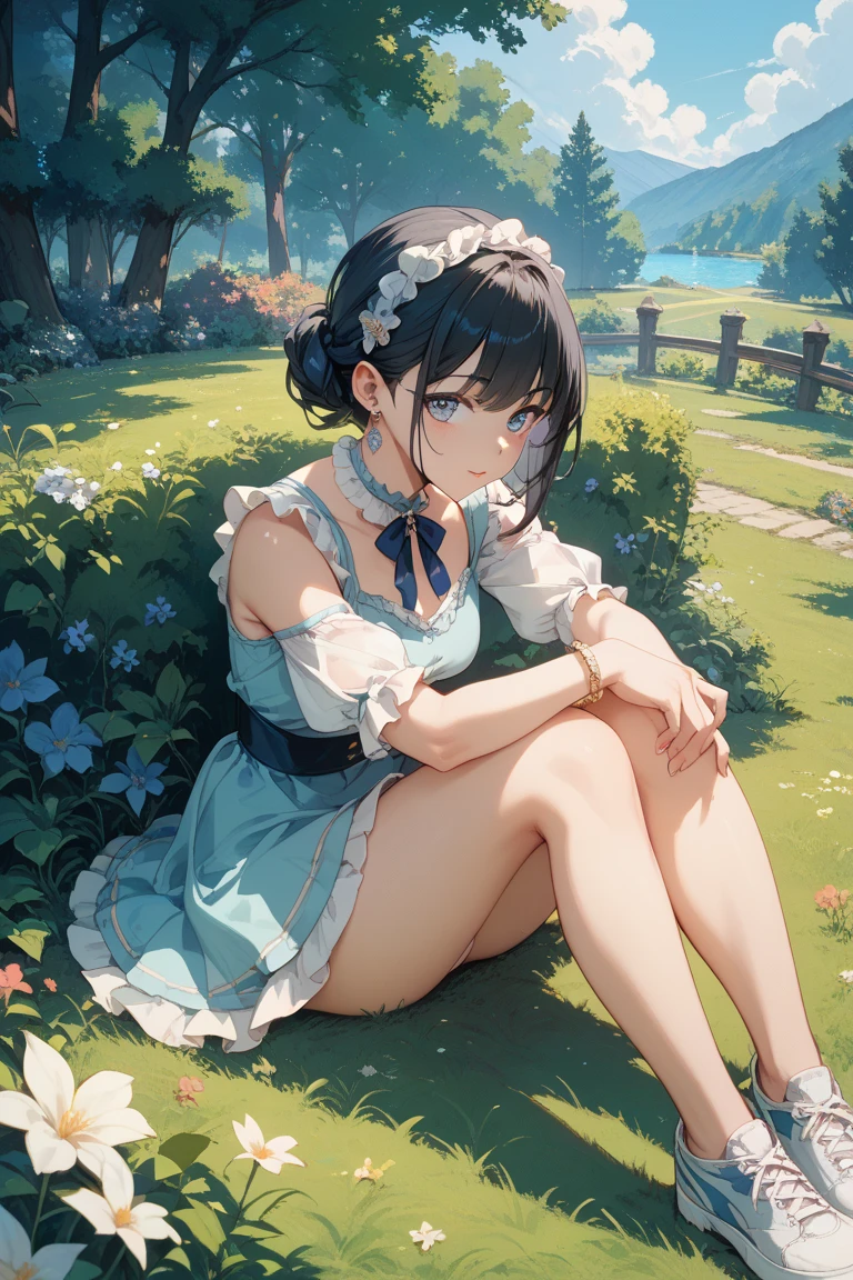 (Highest quality、Highest quality、Masterpiece、Very delicate、Very detailed、Exquisite、16K、Full HD)、1 female、(Mini skirt dress、Floral decoration、gem、ribbon、White frills)、Perfect body line、Glowing Skin、(Groomed eyebrows、Pink Lips、Blue Eyeysterious Face)、(Black Hair、Medium Hair、Shiny Hair)、Dynamic Pose、Dramatic lighting、(grassland、Colorful flowers、grass)