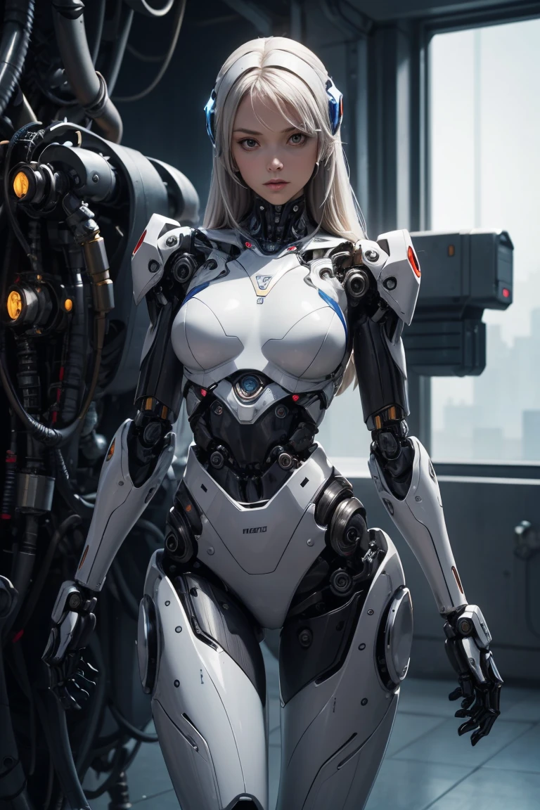 beautiful face,Facing Japan, 1 female, big, Curvaceous, (16 km race, Raw photo, top quality, muste piece: 1.2), (nffsw, realistic, realistic: 1.37) (Tube attached to the body), (Bikini Cyborg Robot Parts)))), (Light gray hair), long hair, wavy hair, twin tails, medium shot, ( enchanting smile)), (black eye), double eyelid, princess cut, from below, (whole body),take a pose,,In the laboratory,( Mechanical neck attached to mechanical spinal neck Tube connected to blood vessels attached to back)),(Wires and cables mounted on the head and body),(character focus),science fiction,perfect woman image,perfect anatomy, perfect anatomy, whole bodyショット, Up to four fingers and one thumb relationship,