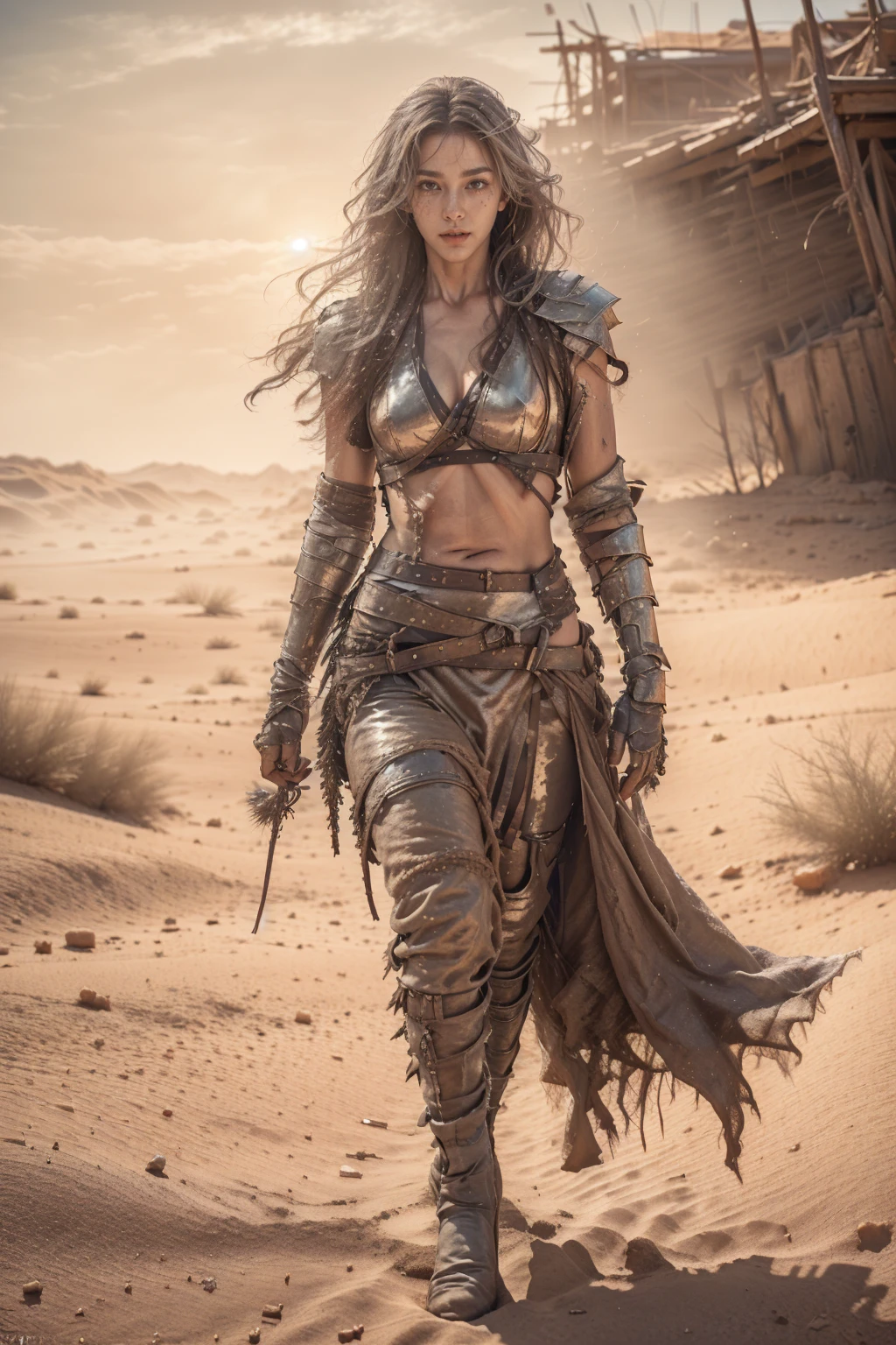 She was a vision, even in the desolate, sun-bleached wasteland. Her hair, once a vibrant cascade of red, was now a tangled, dusty mane, a stark contrast to the barren, gray horizon. Her skin, typically porcelain-smooth, was etched with grime and the harsh kiss of desert winds. Yet, her eyes, still an arresting emerald green, held a defiant spirit that belied the harsh conditions. Clad in tattered remnants of what was once a designer dress, she was a haunting juxtaposition of beauty and brutality. Her legs, once adorned with high fashion, were now scratched and scarred, but still bore the unmistakable mark of a model's grace. She sat atop a rusted, overturned car, her posture as regal as it would have been on a Parisian runway. A storm was brewing, the sky a canvas of angry hues. Wind whipped around her, carrying grains of sand that stung like needles. Yet, she remained unyielding, a statue of resilience in the face of impending chaos. In her hands, she clutched a makeshift weapon, a crudely crafted spear, a symbol of survival in this desolate world. She was a queen dethroned, a survivor in a world gone mad, and her beauty, though tarnished, was a beacon of hope in a landscape of despair.