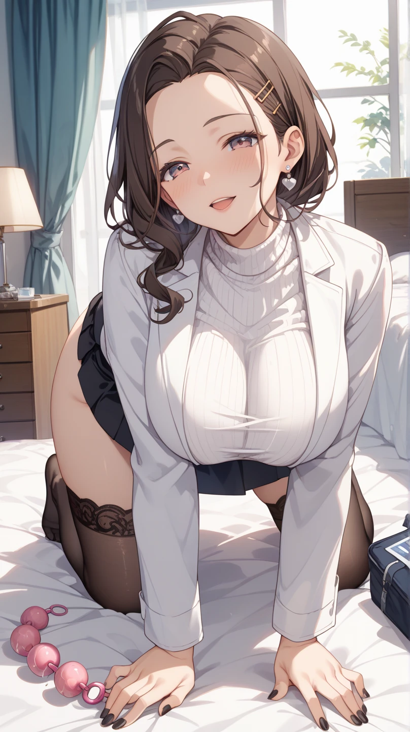 BREAK looking at viewer, BREAK (masterpiece:1.2), best quality, high resolution, unity 8k wallpaper, (illustration:0.8), (beautiful detailed eyes:1.6), extremely detailed face, perfect lighting, extremely detailed CG, (perfect hands, perfect anatomy),Miku Nakano, Miku Nakano Chick III, Long Hair, Bangs, Blue Eyes, Brown hair, Hair between the eyes,medium Breasts,skinny fit,long legs,thin legs,room,soft light,night,sexy lingerie,lace,stockings,stocking suspenders,full body,from below,nipples see through,nipples,sitting on chair,spread legs,