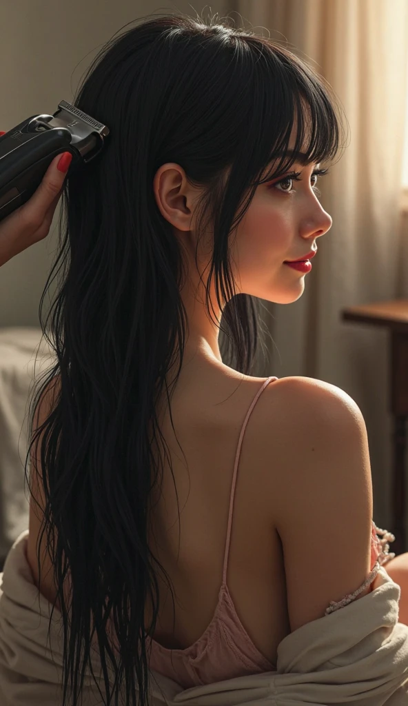 sexy girl in bathroom，Wet pubic hair，Charming eyes，Heartwarming action，from the rear，Turn your face away from the camera，stooped，Bend over，turn back，Look up at your head，transparent silk pajamas ，barechested，thick long hair，Highly detailed body，Highly detailed face，best qualtiy