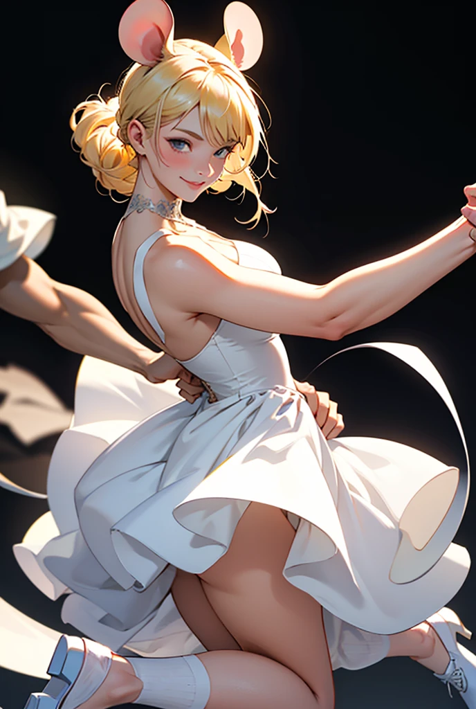 Illustration, detailed illustration, dynamic angle, ultra detailed, best quality, 1girl, 30 year old woman, beautiful, short brown hair, big brown eyes, light freckles, dancing, ballgown, in space, empty space, starfield in background, smile, reaching to viewer, looking at viewer, closed mouth