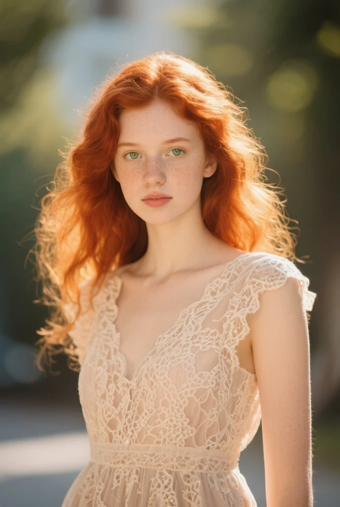 Red-haired girl with curly hair, Light brown eyes, full lips and a thin body without much definition, with thin hourglass-shaped waist, defined hips, new