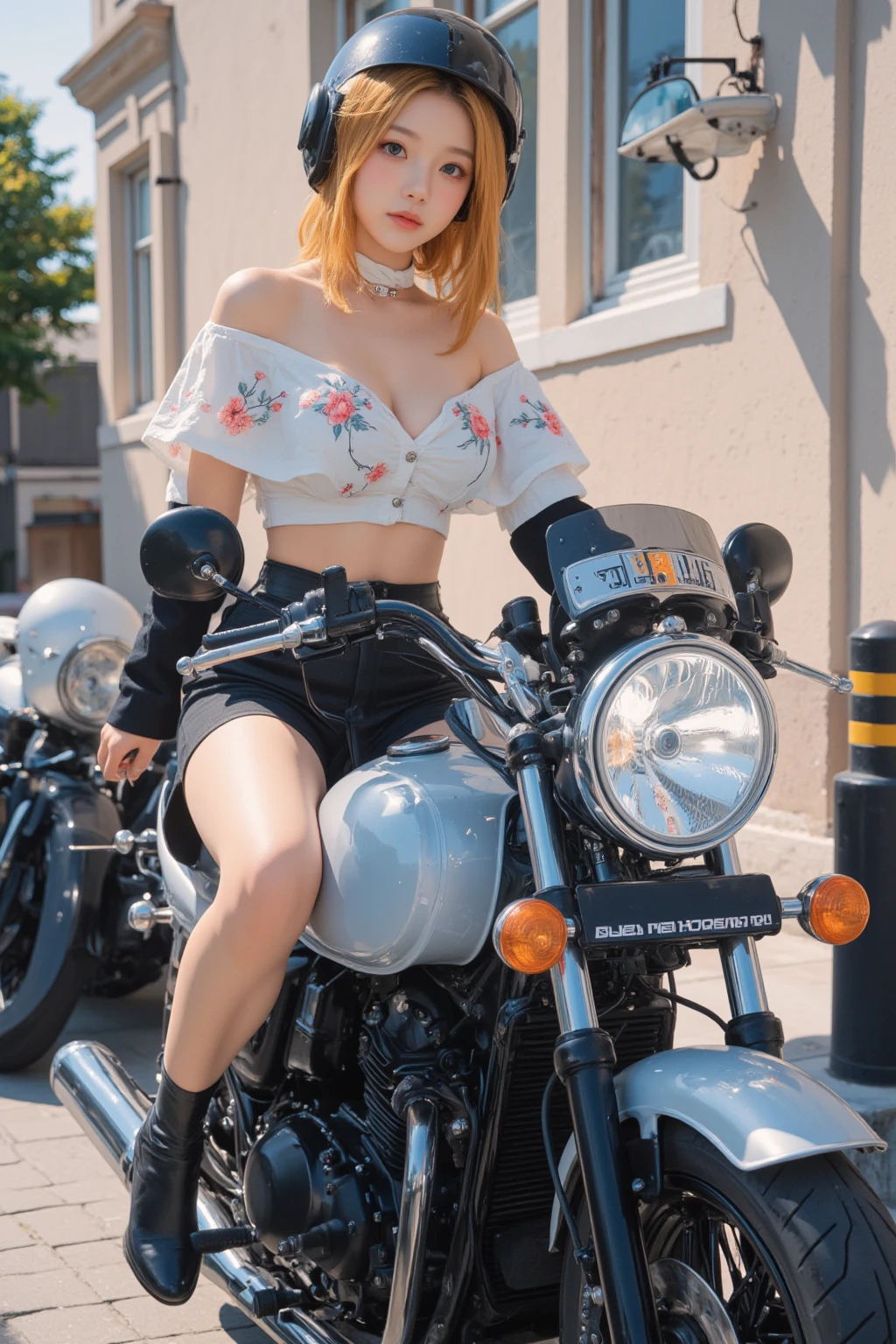 Motorbike集団、three girlsに囲まれる、Have an iron rod、three girls、ぜひかgrim expression、Motorbikeの集団、3人のMotorbikeに囲まれる、swing a baseball bat、Motorbikeに跨り怖い表情、Motorbikeの集団、gathering、high school student、school uniform、mini skirt、下着が見えているmini skirt、blonde、bright hair color、shortcut、Hair perm、Motorbike、Bosozoku、grim expression、Emphasize the chest、exposing the chest、cleavage on chest、high resolution、high resolution、whole shot、Everyone shot、