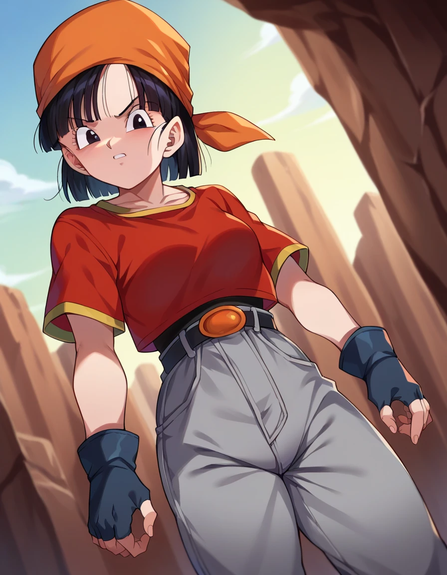 score_9, score_8_up, score_7_up, source_anime,
 Dragon Ball Pan , 
Pan GT, short hair, black hair, gloves, Short Sleeves, black gloves, belt,   pants, fingerless gloves, dark eyes, red shirt, black belt, bandana, orange bandana, female , grey   pants,
modern city、
stare at the viewer, Dutch angle, Cowboy Shots,