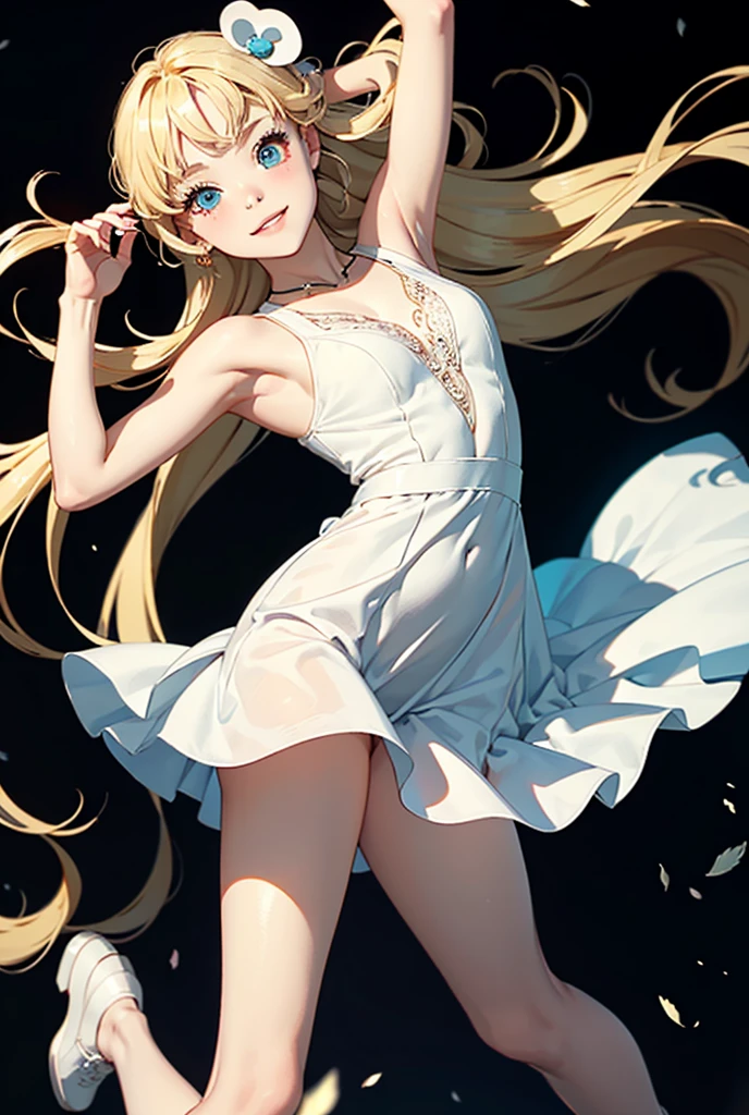Holy, intricate detail, amazing quality, (masterpiece), (high quality), wallpaper 8K CG, high resolution, extremely detailed, photorealistic, beautiful detailed, full body, best detailed girl, depthoffield, falling from the sky, beautiful detailed fullbody, Perfect body, single human girl, detailed long hair, dynamic hair, long bangs, gold hair.lace, streaked hair, beatiful detailed hair, super fucking beautiful, grin, gorgeous detailed eyes, Slightly open mouth, human hands, medium chest circumference, slim legs, beauty detailed eye, Smooth skin, angel halo, gem necklace, angel wing, Exquisite cloth, volumetric lighting, grand space, delicate background, holy, complex details,
