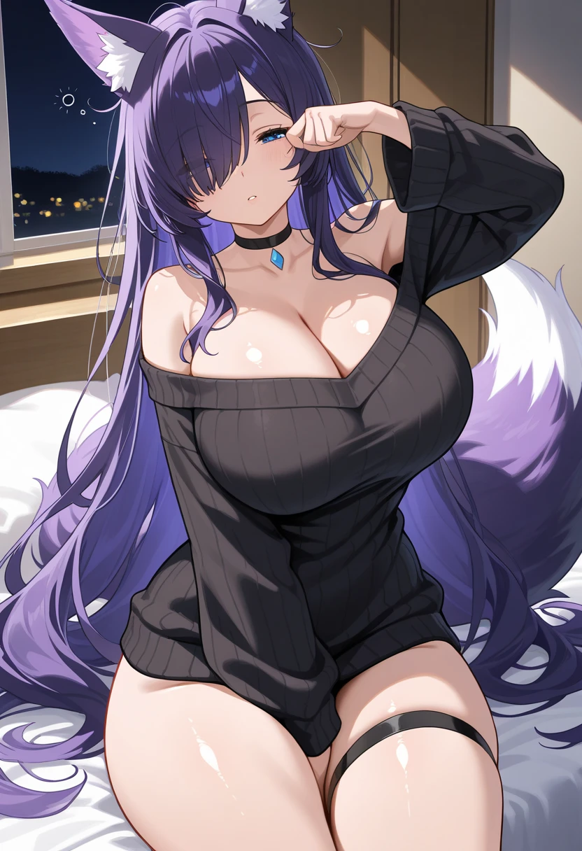 1girl, purple hair, one eye covered, hair over one eye, blue eyes, blue eye, black sweater, sweater, cleavage, large breasts, thick thighs, bed, sittting, waking up, sleepy, fox ears, fox tail, purple trim, panties