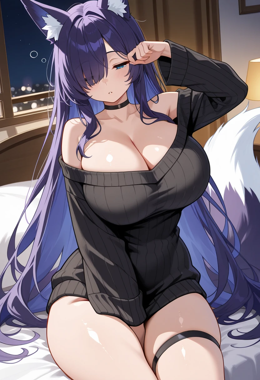 1girl, purple hair, one eye covered, hair over one eye, blue eyes, blue eye, black sweater, sweater, cleavage, large breasts, thick thighs, bed, sittting, waking up, sleepy, fox ears, fox tail