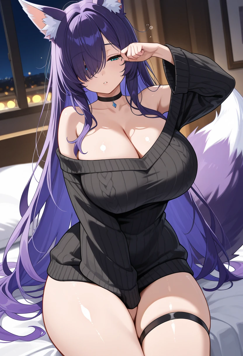 1girl, purple hair, one eye covered, hair over one eye, blue eyes, blue eye, black sweater, sweater, cleavage, large breasts, thick thighs, bed, sittting, waking up, sleepy, fox ears, fox tail, purple trim, smile