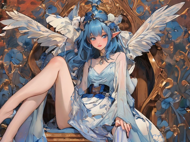 1 girl,solo, masterpiece, best quality,full-body shot,goblin,little man,Elf,butterfly wings,Very small,Thumbelina,perfect lighting, Double tail, drill hair, blue hair, blue eyes, Gwen,