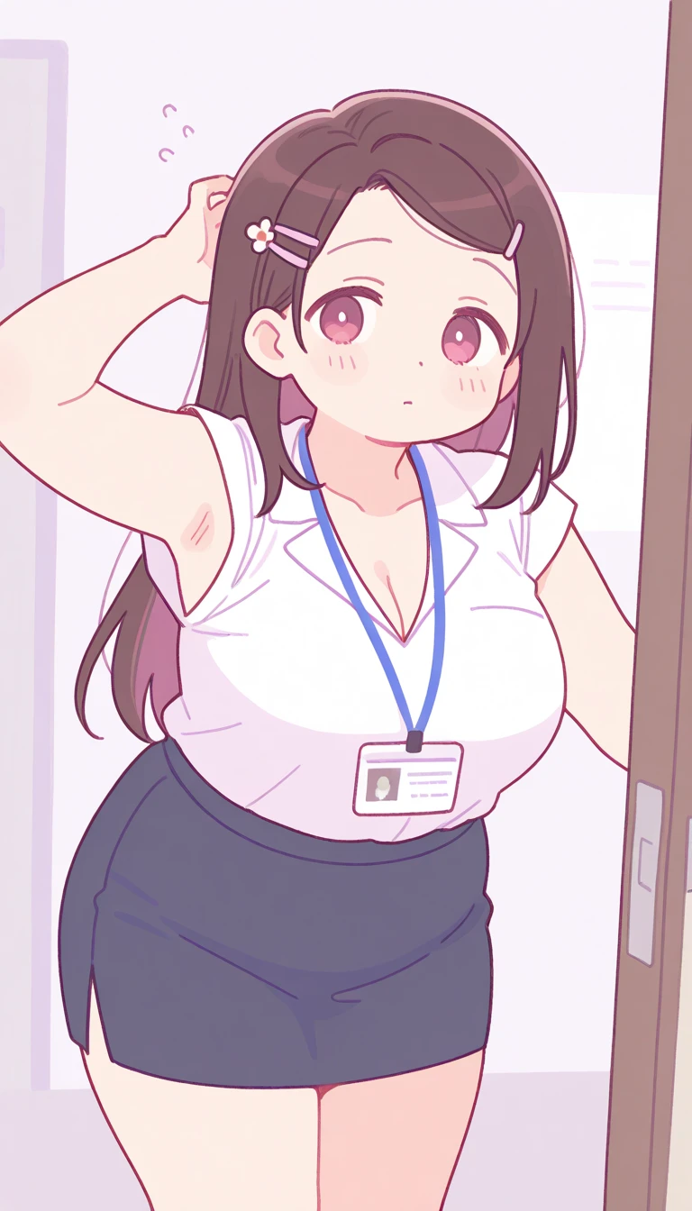 Highest quality,masterpiece,indoor,office,Highest quality, Very detailed, (masterpiece), (illustration),Are standing, (face focus),((upper body)),Red eyes, Shine目,Long twin tails, brown hair, bangs, Shine, eyebrows visible through hair,((Plain white T-shirt)),((Light blue plain skirt)), Flat Chest,shy, blush, (looking to the side ), Close your mouth,((shirt lift)),Light blue sports bra,bare breasts,