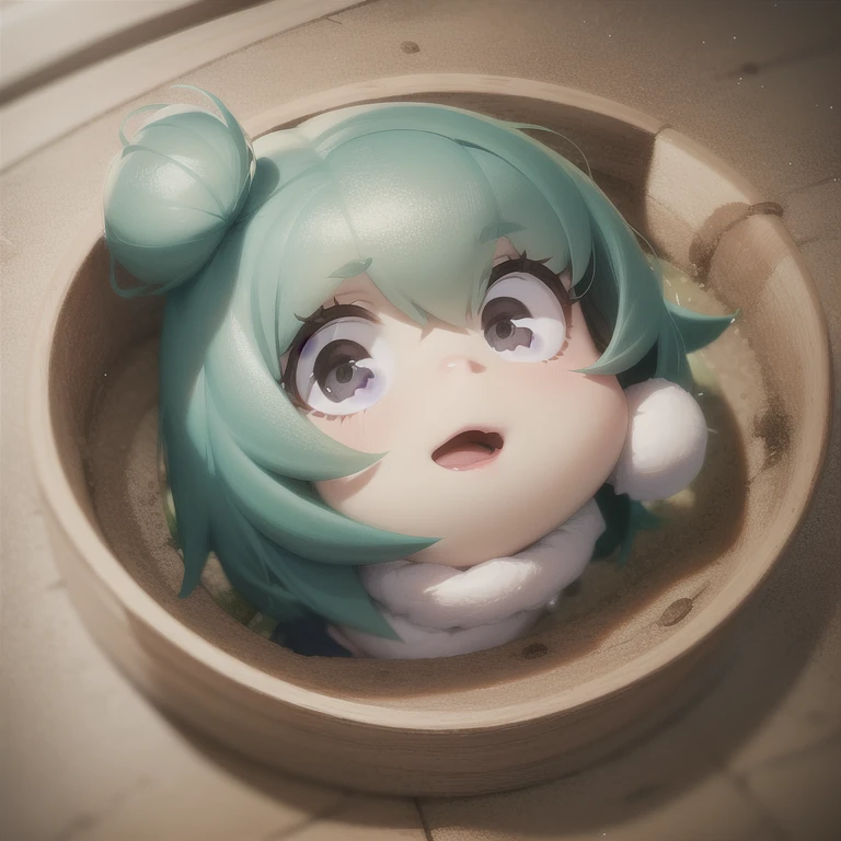 (a small doll with a green triangular hat), (sitting inside a large bowl), cute 3 d render, cute detailed digital art, cute digital art, cute cartoon character, adorable digital painting, cute! c4d, cute character, pop japonisme 3D, (white background), ultra detailed, by Yu Zhiding, 3d model of a japanese mascot, nendoroid 3d, cute forest creature