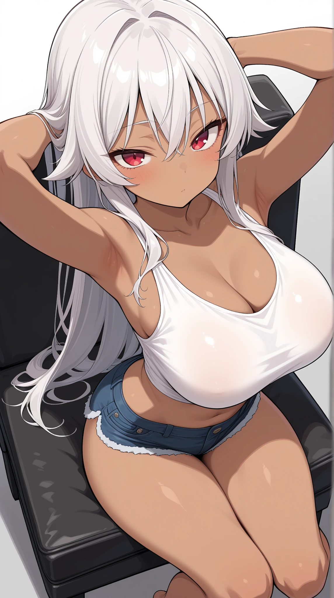 realistics, highly detailed illustration, 1 japanese girl, (multicolored pink and blonde and silver wavy hair), Thin eyebrows, blue eyes, (((((eyelashes, lower eyelashes))))),(((dark skin))), smile, Zeebra pattern tube top, damaged denim shorts, hairclip, (large breasts, large hip, wide hip), gyaru, park, sitting