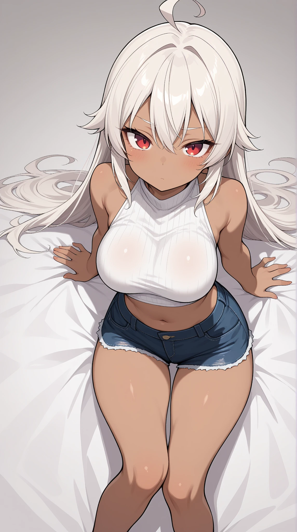 1girl, arm garter, black tail, breasts, demon girl, demon horns, demon tail, formal, gloves, horns, long hair, looking at viewer, [lucifer (helltaker)], mole, mole under eye, red eyes, sitting, smile, solo, tail, white gloves, white hair, white horns, full height, curvy build, mature body like a milf in a Black bikini right in bed with his hands raised above his head in slight embarrassment, thin and delicate girlish fingers, Deep face, [hellish office in red colors], lying in bed, [top view], the whole body is visible 