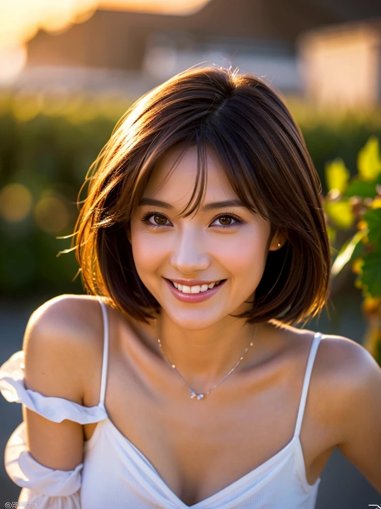 masutepiece, Best Quality, Photorealistic, Ultra-detailed, finely detail, High resolution, 8K Wallpaper, 1 beautiful woman, Wear sleeveless fashionable clothes, cleavage, at campus, light brown short messy hair, Perfect dynamic composition, Beautiful detailed eyes, Smiling happily, Perfect teeth visible, foco nítido, Detailed skin texture, detailed hairs