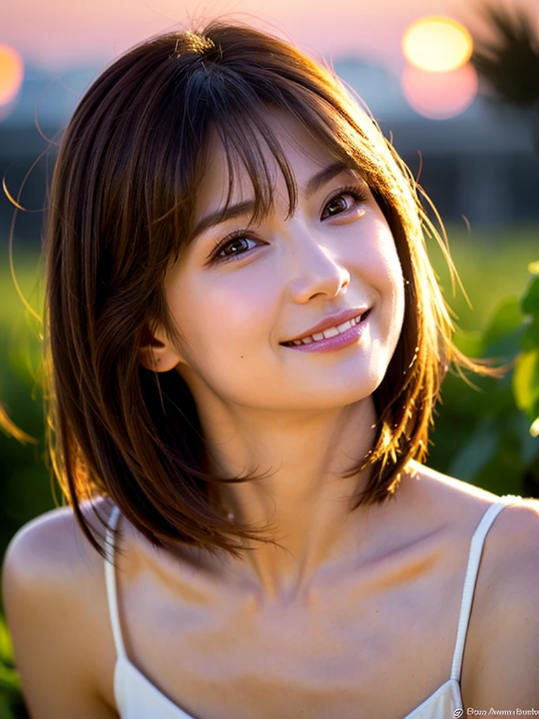 American white woman with unparalleled looks、dark blonde、Short Bob Hair、Hair is wavy、The ends of the hair are curled、blue eyess 、A slender、Out of focus background of open meadow in the forest、The sun filtering through the trees is beautiful、a smile、Looking at the camera、Slender but well-proportioned body with large breasts、Posing like a model、Raking up hair、There must be space above the head、Breast bare