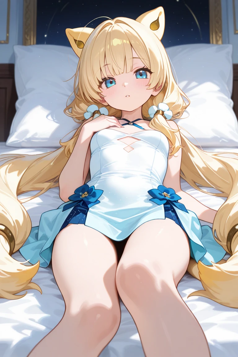 Adorable baby girl with blue eyes, blonde hair, wearing a frilly blue bonnet, frilly blue leotard, wearing a frilly white diaper, wearing white stockings, laying in a crib