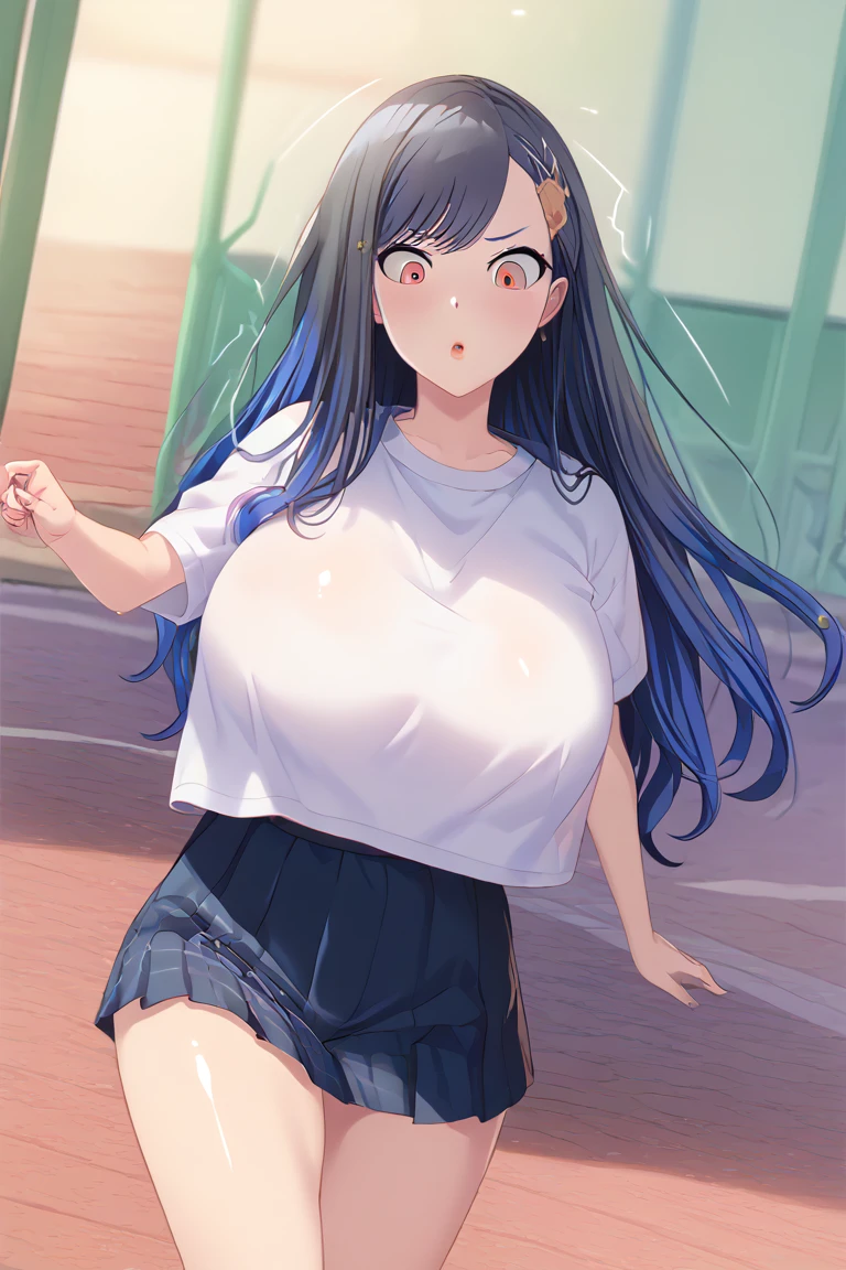 best quality, masterpiece, highres, detailed, perfect anatomy, <lora:Detail - add_detail:0.2>, long hair, white shirt, denim skirt, brown eyes, large breasts, dark blue hair, jewelry, earrings, <lora:Hoshimi-10:0.8>, hoshimi, 25 year old woman, alley, streets, close-up