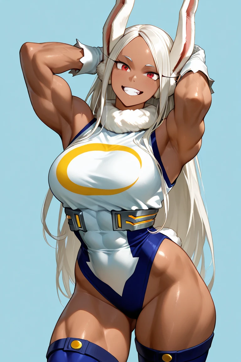 scan, (extremely detailed CG unity 8k wallpaper:1.1), highres, (1girl), mirkomha, boku no hero academia, rabbit ears, ((dark-skinned female)), ((dark skin)), red eyes, sleeveless, white gloves, highleg leotard, (white hair, long hair), large breasts, fur collar, purple thighhighs, white leotard, night, looking at viewer, smirk, house, bed, muscular, muscle, belly, armpits