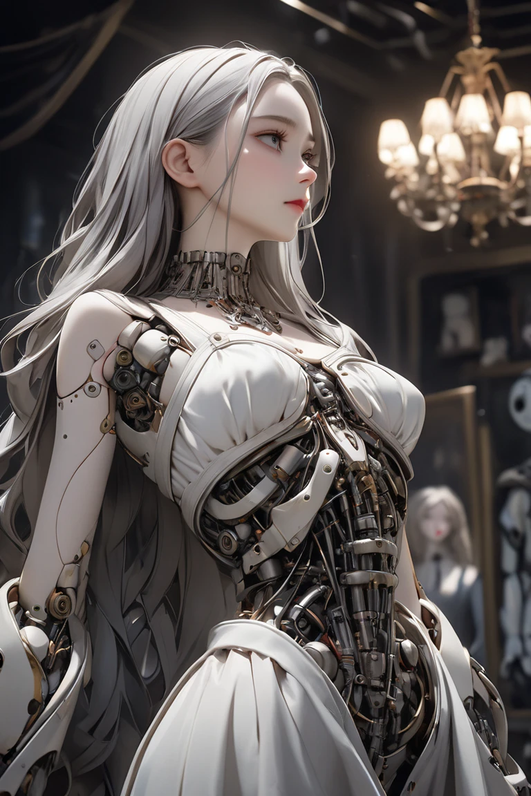 top-quality、masterpiece、超A high resolution、(Photorealsitic:1.4)、Raw photo、女の子1人、Black hair、glowy skin、1. Steampunk Battle Angel、large metal wings、Shining Angel Circle、((super realistic details))、portlate、globalillumination、Shadow、octan render、8K、ultrasharp、Colossal tits、Raw skin is exposed in cleavage、White porcelain body、Details of complex ornaments、About steampunk、Glowing LEDs、Hydraulic cylinder、highly intricate detail、Realistic light、a purple eye、radiant eyes、Facing the camera、neon details、Mechanical limbs、blood vessels connected to tubes、Mechanical vertebrae attached to the back、mechanical cervical attaching to neck、cowboy shot、Wires and cables connecting to the head、Luminous tube、Small LED lamp、Sumerian details、