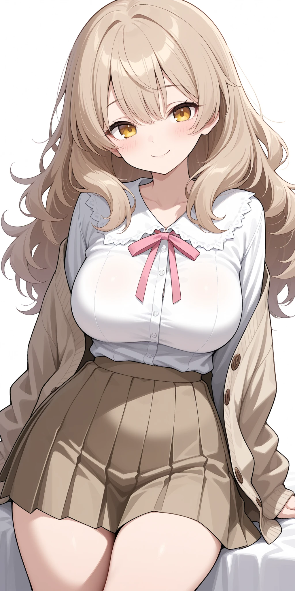 masterpiece, best quality, highres, hmhinana, long hair, single side bun, hair ribbon, neck ribbon, school uniform, white shirt, yellow cardigan, open clothes, long sleeves, plaid skirt, grey skirt, pleated skirt, (gigantic breasts:, breasts out, nipples 1.4)