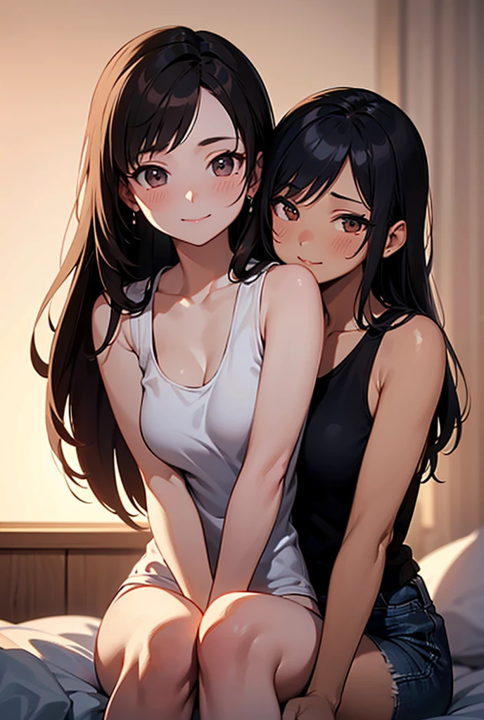   A 25 years old lady with long black hair, brown eyes, straight hair, wearing a blue tank top with mini white short, she has pale skin, her smile is pretty, she is sitting on her bed in her girly bedroom, she is mature with curves, she has a sexy smirk on her face