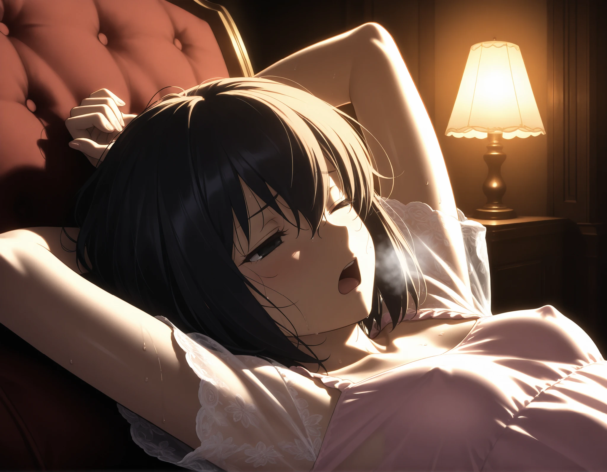 masterpiece, , absurdres, highres, detailed background, high resolution, masterpiece, necessary, detail, best quality, quality, necessary, details, High details, Precise, , indoors , lamp , (gothic architecture:0 . 3) , dark theme ,low light , , from above,, solo, ,
1girl, , (type-moon,) style, koyama hirokazu style, close up, on back , lying floor , hands up, sweaty body ,(wince, frown, orgasm, ecstasy,), heavy breath, open mouth,
tall girl, mature, 1girl , solo , kuonji alice , black hair , short hair , hair between eyes , black eyes ,half-closed eyes , Alice_Asc2 , (show off nipple) , pink sundress , see-through sleeves , short sleeves , white panties, looking away ,small breasts, embarrassed, sweaty pussy,