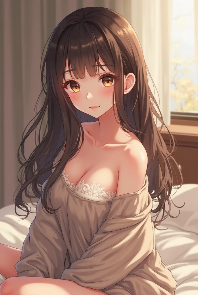 (masterpiece、Highest quality、Very detailed))、One girl、Black Hair、Long Hair、Wavy Hair、Grey Eyes、smile、Pink Lips、Large Breasts、((White sweater))、necklace、cleavage、((Off the shoulder))、((Strapless))、((light brown plaid pencil it on the bed、Cowboy Shot、Bedroom Background