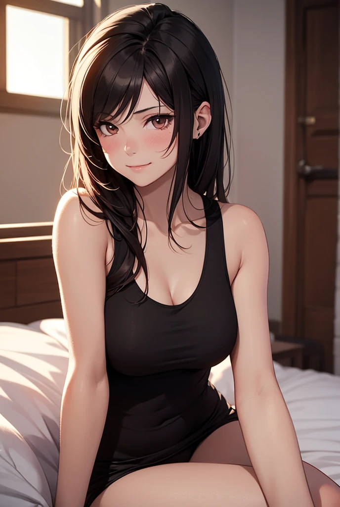 Medium, soft and cute breasts ((most beautiful woman in the world)), ((wavy white+black hair, beautiful straight bangs)), green eyes, perfect eyes, double eyelids, light effect on eyes ((sexy face) ) , ( (sexy look)), short lace top, jeans, stylish, medium and round breasts, she is charming, beautiful makeup for the day, open neckline, (((art, best quality; 1.3)), ultra detailed, Unity wallpapers 8k wallpaper, CG, ray tracing, illustration, colorful, cinematic shadow, extremely detailed and beautiful background, video, VRay shading, TR)), (slutty face: 1.2), art, hyperrealistic, hyperdetailed , best quality, 16k, light and shadow effect on the skin, vivid colors)), eyeliner, passionate expression, cute and detailed smile, in the bedroom (((Black + red top)))