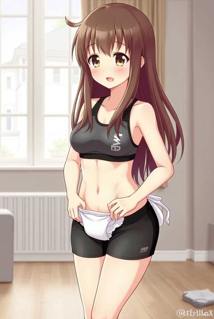 masterpiece, best quality, solo,(kunikida hanamaru:0.999), (long hair:0.888), (breasts:0.878), (brown hair:0.875), (looking at viewer), hands on hips,(large breasts:1.0),Blush, (very tight strapless gym tube top that bearly fit her breasts), (very tight gym pants that struggle to fit her thick hip and thighs), collarbone, standing , simple one colour background, smile , sweating,tired, navel ,(plump:0.8)