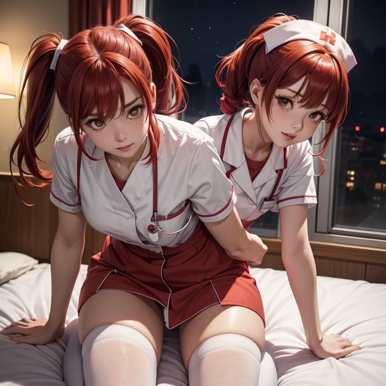 Two beautiful young women, Anime Style, Detailed face, Redhead, Red eyes, Delicate features, Soft lighting, Wear a nurse costume, laugh and enjoy, Playful expressions, cozy、Well decorated bedroom, Person sitting on bed, Another was standing nearby., Mr.々Cosplay accessories are scattered around, Bright and attractive indoor lighting, Dynamic pose, Japanese Anime Style, high quality, Very detailed, 8K resolution, Cinema Lighting, 最high quality, Vibrant colors, Instagrammable, beautiful, trend、Half naked、Erotic、sexy