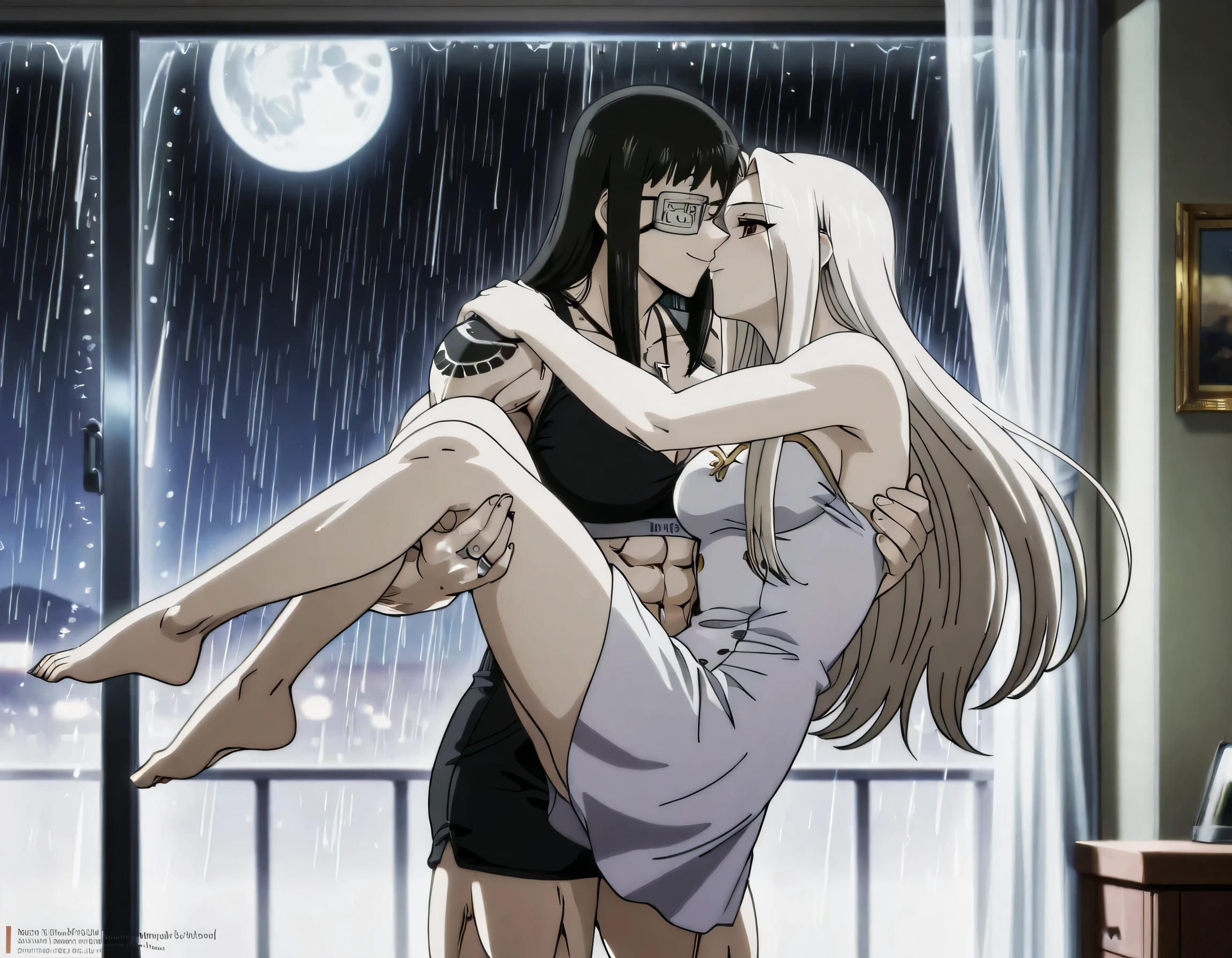 2girl,solo,mm,mature female,black hair,eyepatch,brown eyes,medium breasts,anime coloring,long hair, muscular,black sport bra and black tight Elastic fiber sport bra cowboy shot, ,air, tattoo, ,masterpiece,best quality,amazing quality,pelvis muscles,muscles lines,Valmet with beautiful irisviel having a long white hair,irisviel wearing white short dress,irisviel soft body,lesbians,yuri,irisviel shorter than valmet,Valmet carrying irisviel in princess carry,irisviel back front Valmet,Valmet her arms Around irisviel stomach,irisviel one arm around Valmet neck,light trun off in room,Valmet ×irisviel,Valmet light smile,Irisviel purple smaller dress sleeveless,Valmet kissing irisviel face,dynamic air,irisviel shorter than valmet body,irisviel thighs appearing, bulge between valmet legs indicates that she have penis inside her shorts,valmet have a penis,erect penis inside shorts,irisviel purple female underwear appear,irisviel legs appearing,Valmet face touching irisviel face in romance pose,Valmet taller,Valmet detailed muscles lines,Valmet pelvis muscles design indicates that her sexual energy is enough to make 50 cums,dialogue lines between valmet and irisviel,irisviel move lips dynamic talk,Barefoot,both wreanig rings and necklaces,Valmet squeeze irisviel leg,in night,moon,raining outside