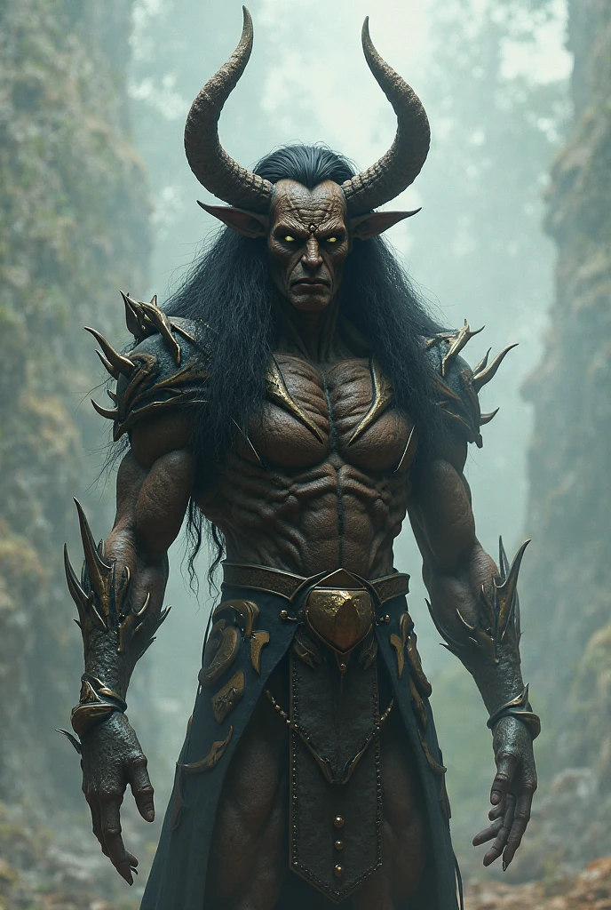 "A dark, surreal depiction of a fearsome oni with two long, sharp horns extending from its head. The oni's skin is pale white, giving it an eerie, ghostly appearance, while its eyes glow with an intense, golden light that pierces the darkness. Intricate magical tattoos in the form of ancient runes and mystical circles cover its chest and arms, pulsing with otherworldly energy. The oni's hair is long, flowing, and dark, cascading down to its shoulders. The background is a dimly lit, haunting night scene with deep shadows and a sense of foreboding, enhancing the creature's ominous and supernatural presence. Hyper-detailed, cinematic lighting, dark fantasy, epic, ominous atmosphere, 8K resolution."