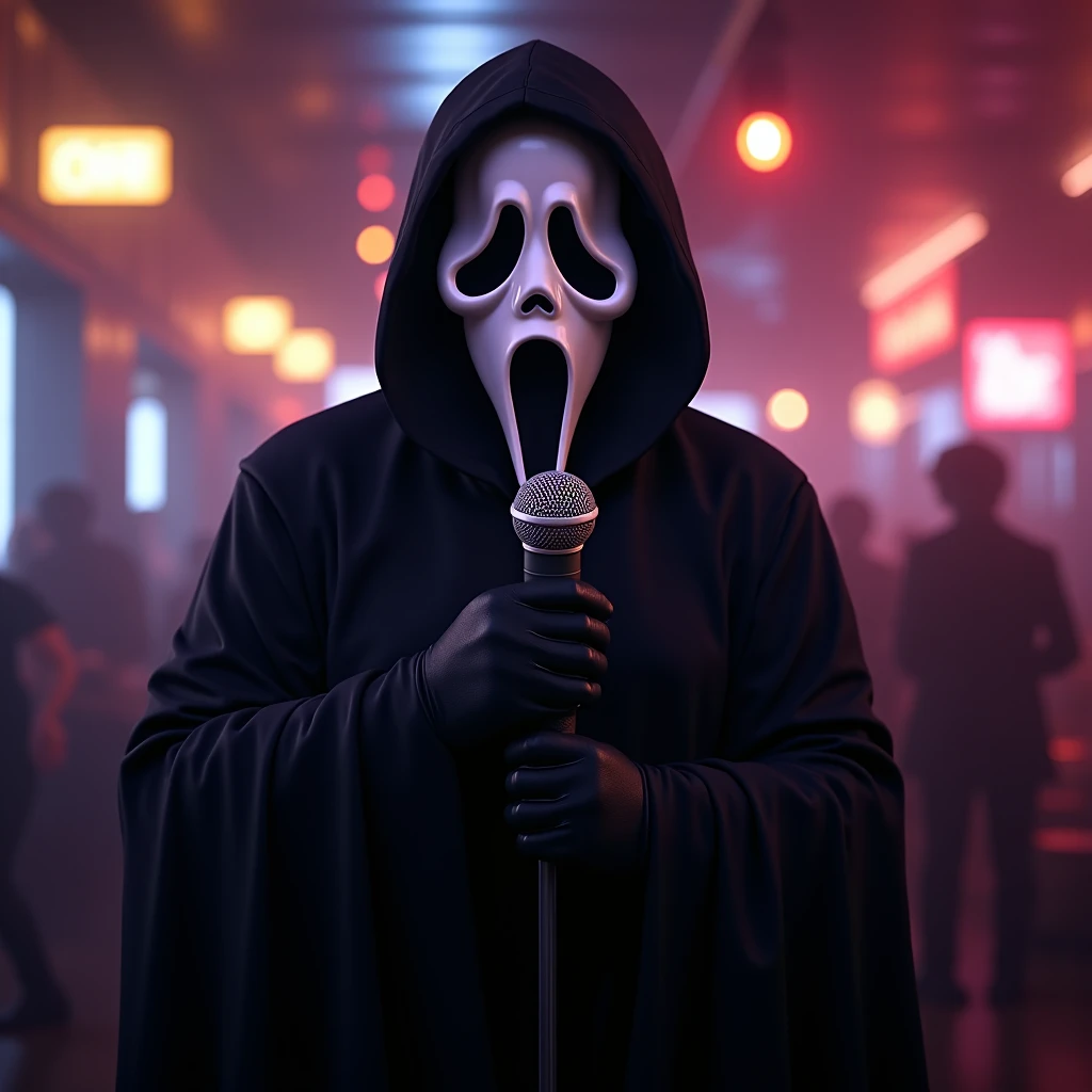 ghostface horror from films sitting in a cinema and watching a film with copcorn, Watercolor, trending on artstation, sharp focus, studio photo, intricate details, highly detailed