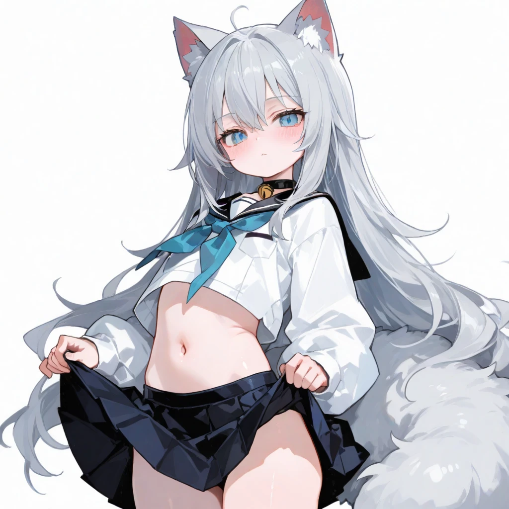 ((masterpiece, best quality)), (1girl), (solo), (female focus), (ahoge, white hair, very long hair), gold eyes, light smile, open mouth, ((white shirt), (buttoned shirt), (button gap)), ((black skirt), (short skirt)), standing, white background, arms behind back, dynamic angle, fox girl