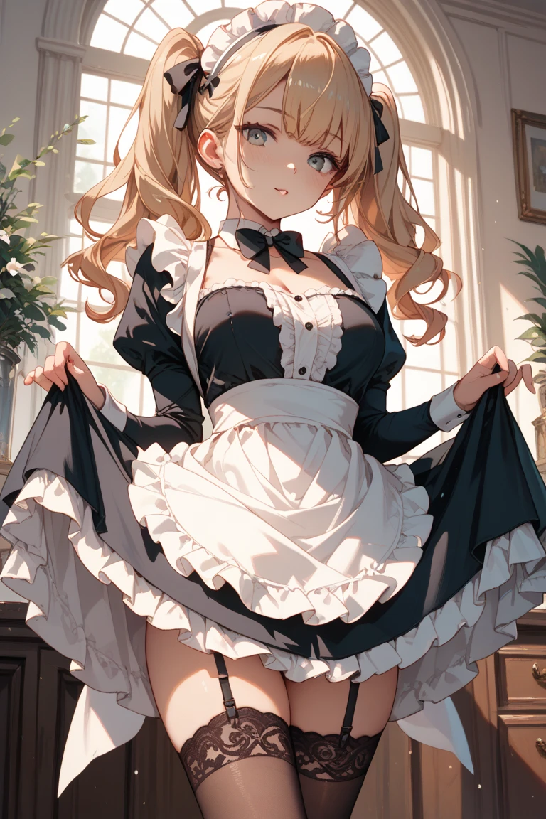 masterpiece, One girl, Sparrow, Blonde girl, She is wearing a brown medieval maid outfit., Curly medium hair, Messy Hair, The body is slim, He closed her left eye., Shirt decoration, Aqua Eye, Show her your back, Ahoge, Black vest, Baby Face, Large Breasts, Beautiful breasts, Round Breasts, Braid, Long sleeve, Beautiful Eyes, White Stockings, Droopy eyes, Her age is 19 years old, kitchen, Victorian dress, Maid's headband, smile、Rabbit's Tail、looking back
