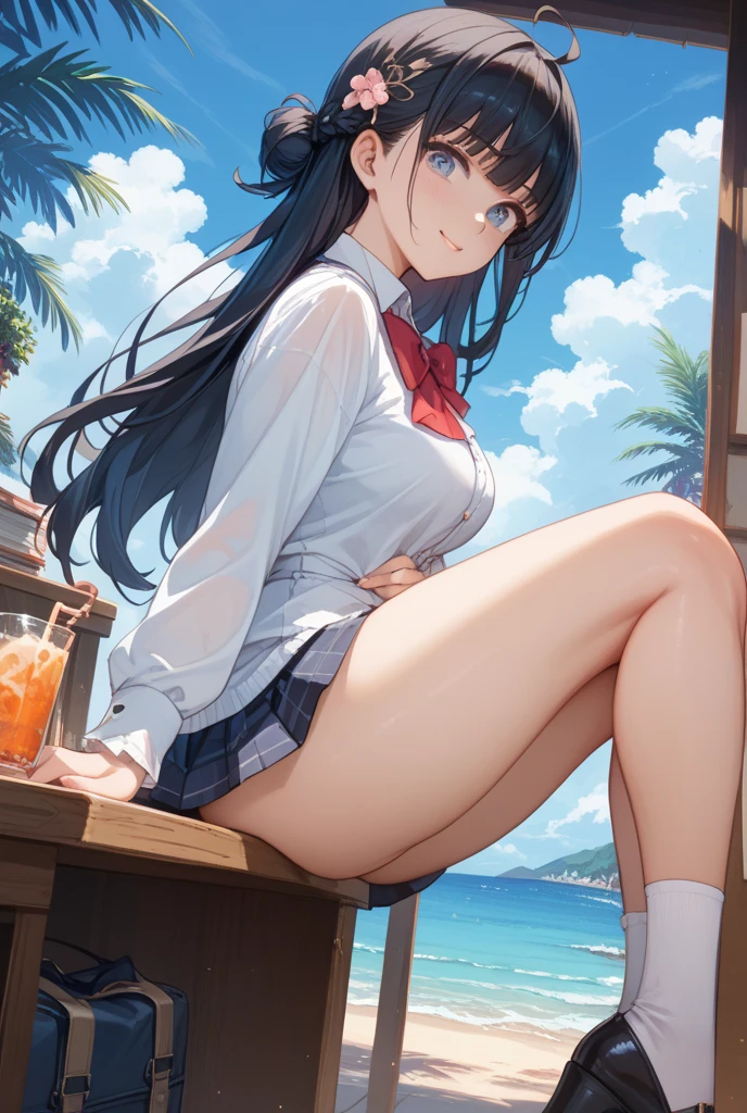 1 girl, smile, shirt, skirt, (small) chiralism, Japan high school school uniform, seravuk, summer clothes, squall-wet uniform, sheer bra, (portrait from knee up),