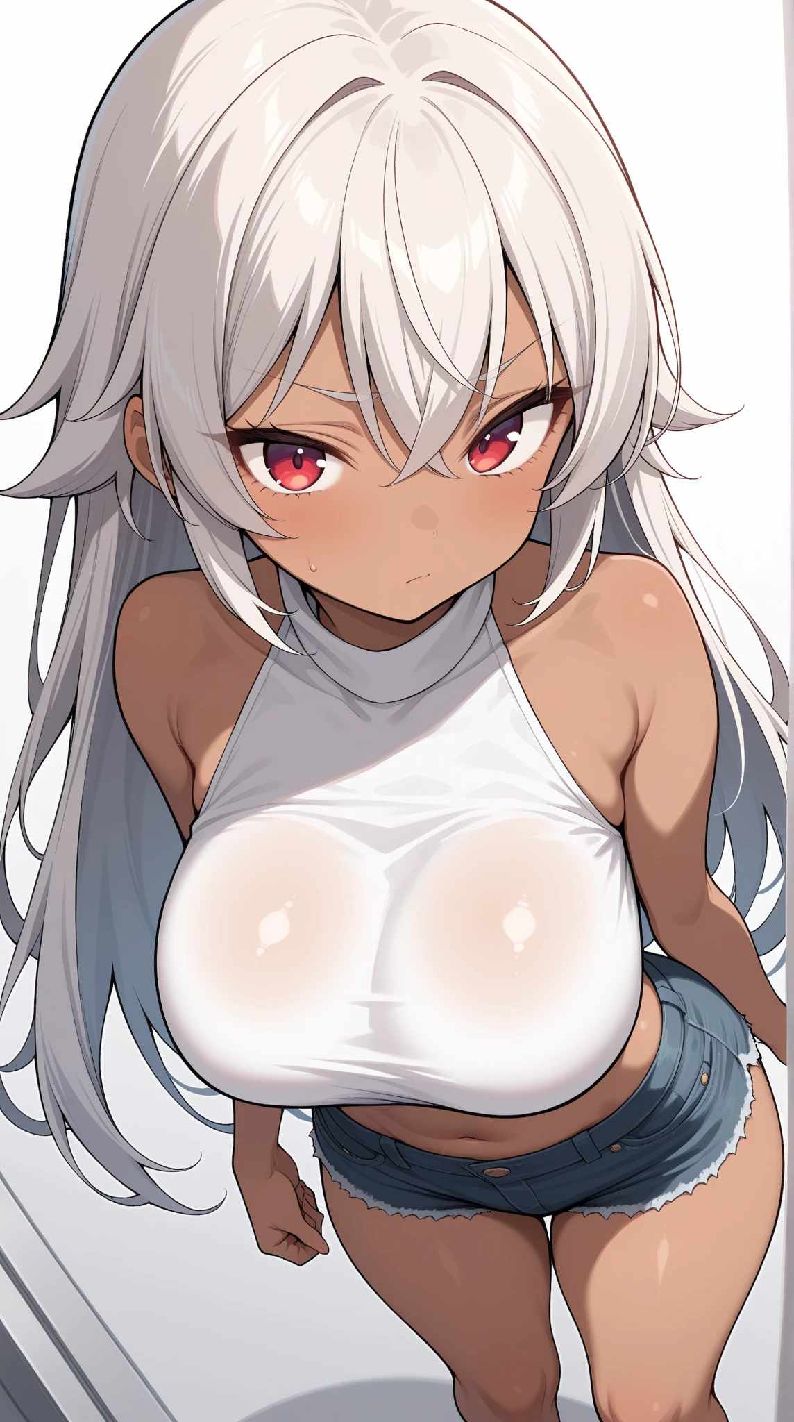 (nsfw:1.3),1girl,Androgynous,topless,front view,breasts out,light hair,eyes,(medium hair),upper body,Puffy nipples,cutout,middle breasts,huge_nipples,large_areolae breasts focus,Whithair,red eyes,underboob,arms up,looking at viewer,Androgynous,Armpit,masterpiece,best quality,very aesthetic,absurdres,Sweat,straight-on,boob,light Areola,depth of field,tan,light skin